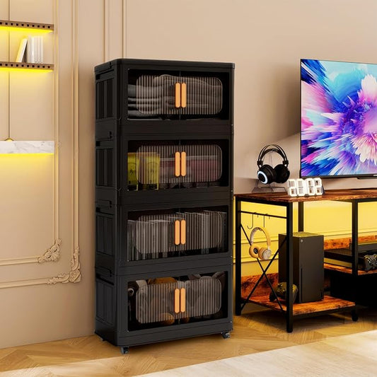 Holaki 156 QT Storage Bins with Lid, 4 Tiers Collapsible Closet Organizers, Stackable Plastic Storage Bins Cabinet Box with Wheels and Magnetic Door(Black)