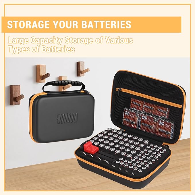 Battery Organizer Storage Case with Tester for AA AAA Button Battery Holder Carrying 3 Batteries Variety Pack 88 Batteries Zipper Mesh Bag (Batteries Not Included) (black-orange)