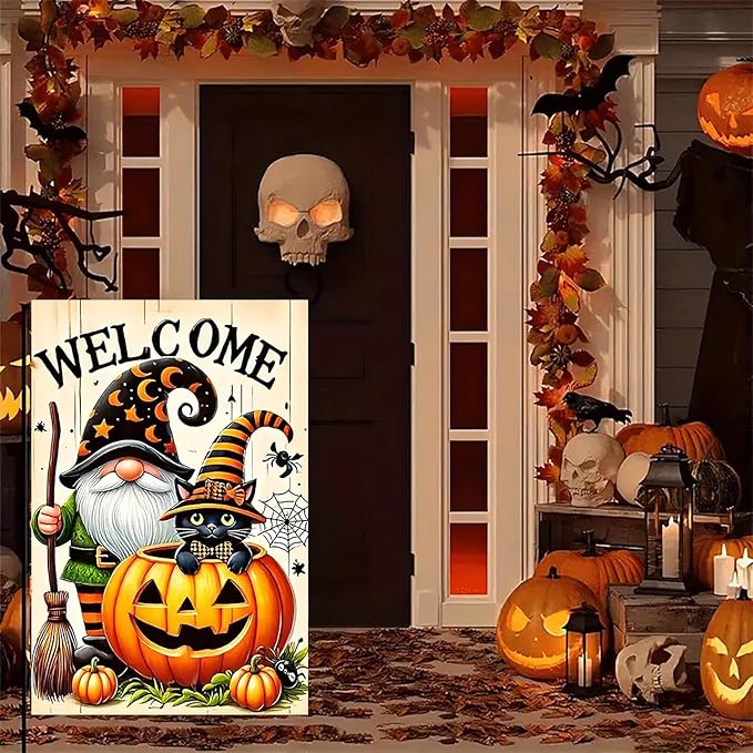 Halloween Garden Flag for Outside 12x18 Inch Double Sided, Gnome Pumpkin Small Yard Flags for Outside, Outdoor Welcome Flag Front Porch Decorations for Home