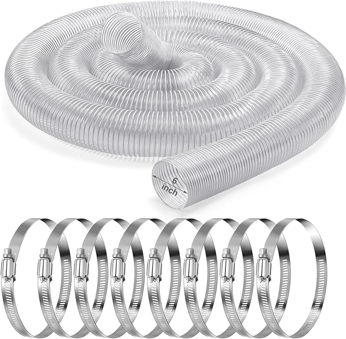 6 Inches 30 ft PVC Dust Collection Hose with Stainless Steel Clamps Set Flexible Clear Vacuum Puncture Resistant Fume Hose for Vacuums Cleaner Fume Dust Collection System (White)
