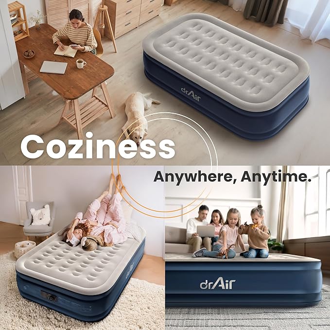 Twin Air Mattress, 18” Raised Inflatable Bed with Built-in Pump, Waterproof Velvety Top, Ergonomic Design, Reinforced Support, and Carry Bag for Home, Camping, and Guests