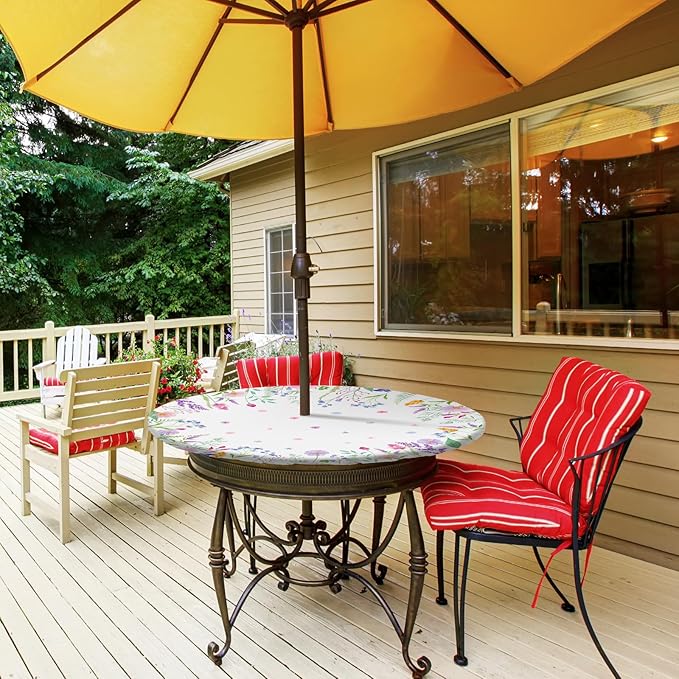 2 Pcs Round Outdoor Tablecloth with Umbrella Hole - Anti-Wrinkle Polyester Tablecloth with Elastic Zipper Table Cover for Summer Patio Camping Party(45''-53'',Leaf and Floral)