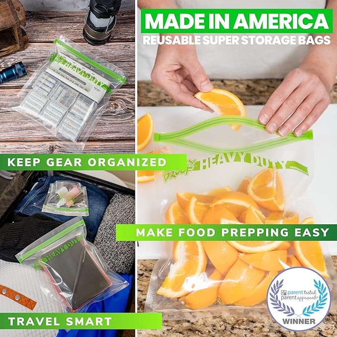 50pcs BULK DEAL, Reusable Extra HEAVY DUTY Ziplock Bags Thick 5mil Reclosable Bags, BPA-Free, Washable Dishwasher-Safe, Made in USA Resealable Ziplock Thick Bags, FLAT Large Quart 10" x 8.5" - 50 pcs