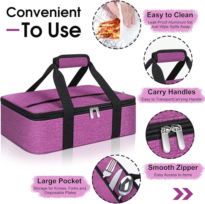 Insulated Casserole Carrier, Portable Casserole Carrier for Hot or Cold Food Lunch Tote Warmer or Cooler Bag, Lasagna Lunch Bag for Potluck Parties- Fits 9" x 13" Baking Dish-Rose Purple