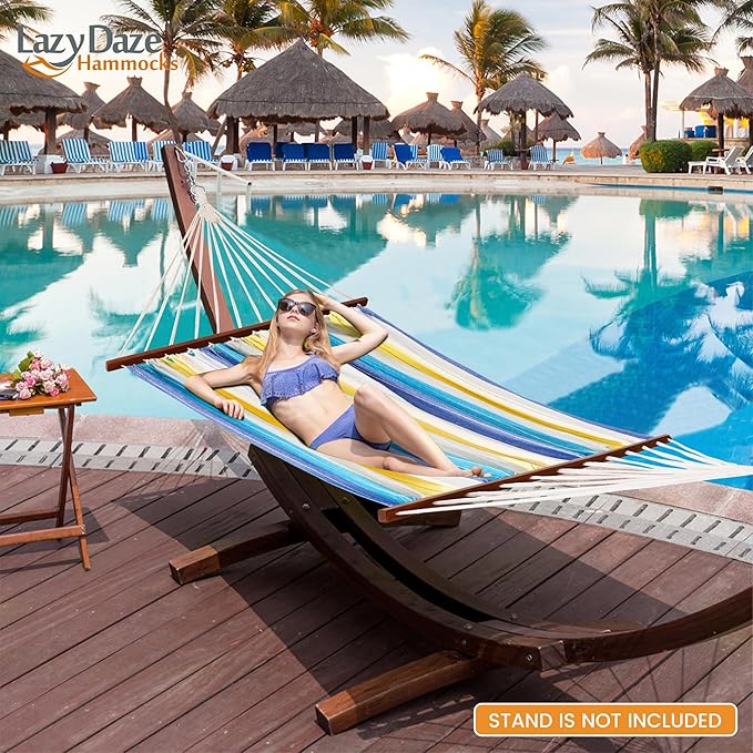 Lazy Daze Hammocks Cotton Fabric Spreader Bar Hammock, Outdoor Portable Hammock with Carrying Bag & Tree Straps for Bedroom, Patio, Backyard, Balcony, Max 450lbs Capacity, Blue & Yellow