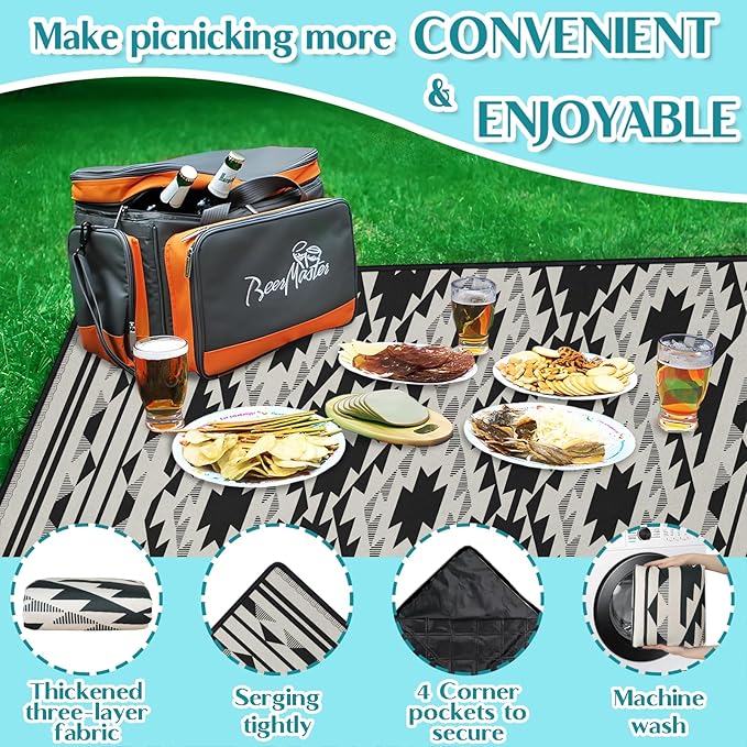 Boho Picnic Blankets Waterproof Foldable, 60″X80″ Thick Three Layer Picnic Mat Tribal Outdoor Blanket for Grass, Beach Blanket Sandproof Picnic Accessories for Camping Party Park Patio