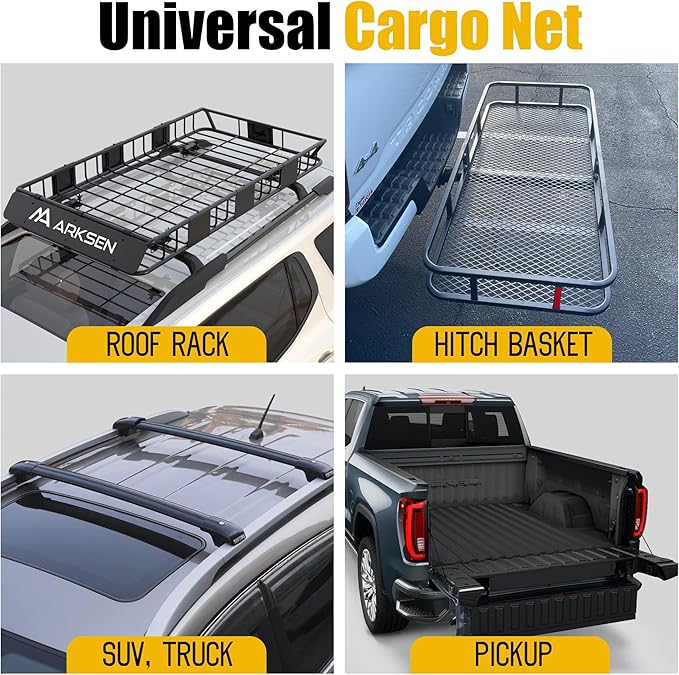 ARKSEN 36" x 48" Heavy Duty Tangle-Free Nylon Cargo Net (6" x 6" Mesh) Universal Bungee Stretches for Pickup, Truck, Bed, SUV, Roof Rack & Travel Luggage Rack