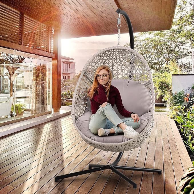 Hanging Egg Chair with Stand, Wicker Egg Swing Chair PE Rattan Hanging Chair Comfort Cushion, 350LBS Capacity for Indoor Bedroom Outdoor Porch Garden (Grey)