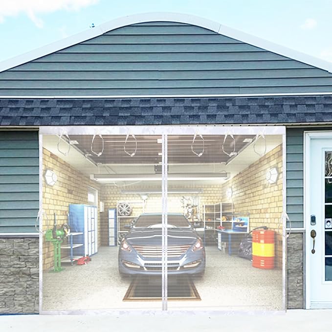 Garage Screen Door Kit 10x8ft White with Magnetic Closure - Garage Net, Heavy-Duty Fiberglass Mesh for 10x8 FT 1 Car Garage, Blocks Bugs & Provides Privacy - Perfect for Patio, Gym or Porch