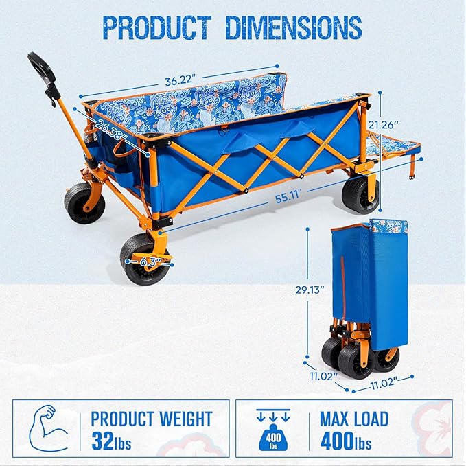 26"W Extra Wide 55"L Extra Long Beach Wagon with Tailgate,Heavy-Duty Utility Cart with 400 lbs Capacity, Compact Fold Design, Ideal for Beach, Camping, Groceries, and Outdoor Adventures