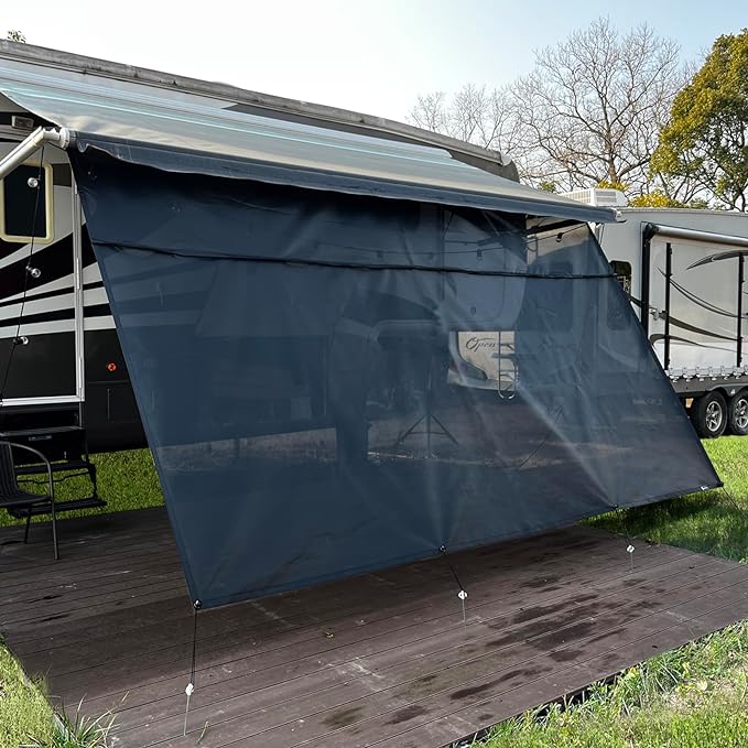 RV Awning Sun Shade Screen 8'x9'3''(Fit for 10' Awning),Black Mesh Shade Screen with Zipper,Universal Trailer Camper Awning Screen with Complete Kits,Improves Shadow and Privacy.