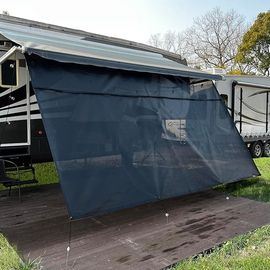 RV Awning Sun Shade Screen 8'x9'3''(Fit for 10' Awning),Black Mesh Shade Screen with Zipper,Universal Trailer Camper Awning Screen with Complete Kits,Improves Shadow and Privacy.