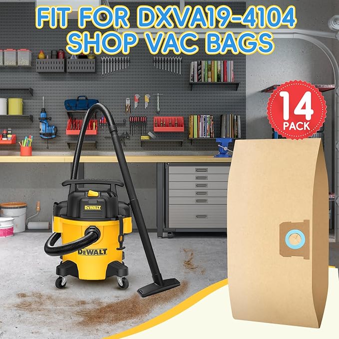 14 Pack DXVA19-4104 Vacuum Bags for DEWALT 5 to 8 Gallon Wet/Dry Vacuum, Disposable Shop Vac Bags, Dust Collection Bag Replacement