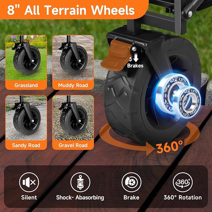 Collapsible Wagon Cart with Big Wheels, Foldable Heavy Duty Beach Cart with 330lbs Weight Capacity, 120L Portable Utility Grocery Wagon with Pocket & Brakes for Garden Sports Camping Travel Picnic