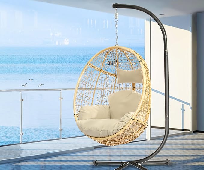 DoubleTT Indoor/Outdoor Wicker Swing Egg Chair Hammock Hanging Chair Nest Basket with Stand, UV Resistant Removable & Washable Cushions,350LBS Capacity for Bedroom, Balcony, Garden (Yellow and Beige)