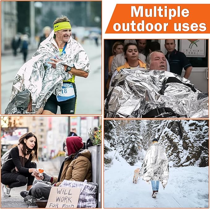 8 Pack Emergency Mylar Blankets, Survival Thermal Blanket for Rescue, First Aid Silver Foil Blanket Bulk, Safety Winter Heat Reflective Aluminum Blankets for Hiking, Camping, Marathons Outdoor