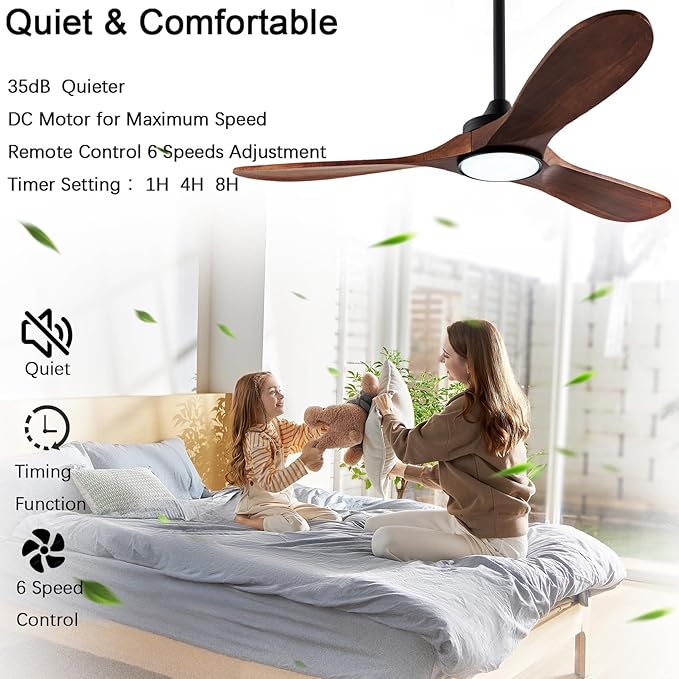42”Ceiling Fans with Light and Remote Control, Lighted Wooden Ceiling Fan Noiseless Reversible DC Motor with 3 Blades for Farmhouse, Living Room, Office, Indoor Outdoor (Black + Walnut)