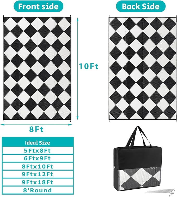 HEBE Outdoor Rug Waterproof 8x10, Reversible Plastic Straw Rug RV Camping Rug, Indoor Outdoor Patio Mat Clearance, Outside Carpet for Porch,Deck,Camper,Balcony,Backyard,Picnic