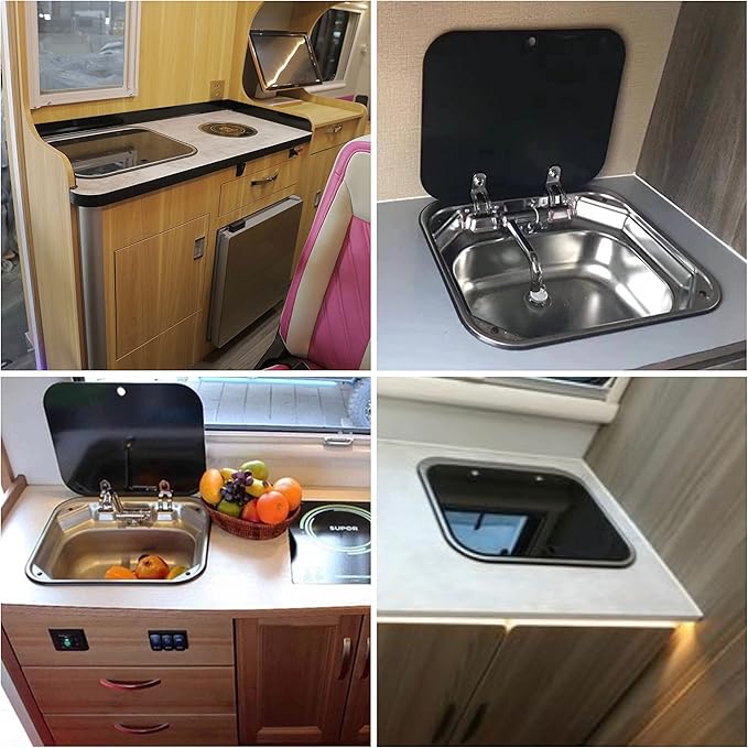 15x17 In Undermount RV Bar Kitchen Sink Workstation with Folding Faucet A and lid, 304 Stainless Steel Single Bowl Hand Wash Basin Drop in Sink Caravan Camper Van Boat Home Mobile Trailer