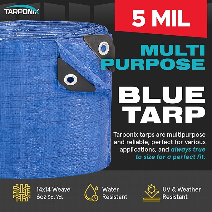 Better Blue Poly Tarp 10’ x 10’ – Lightweight 5 Mil Waterproof Cover – Durable, Weatherproof, Multipurpose Protection for Camping, Roofing, Construction