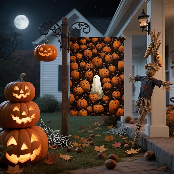 Fall Garden Flags 12x18 Double Sided, Halloween Pumpkin Yard Flags for Outside, Ghost Small Yard Flags for Home Outdoor Decorations