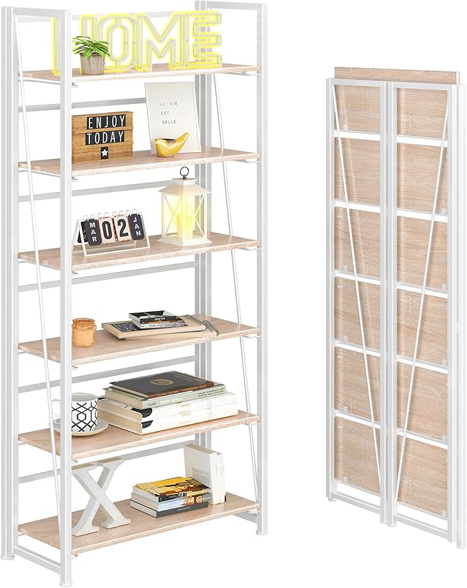 4NM No Assembly Folding Bookshelf, 6-Shelf 74" H Collapsible Foldable Bookcase Storage for Small Spaces, Natural White