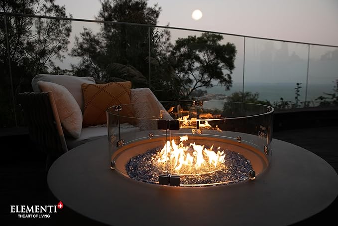 Elementi+ | Bundle Colosseo Gas Fire Pit Cast Concrete 40" Dia. Round Fire Table, Outdoor Fire Pit Electronic Ignition | Canvas Cover, Fire Glass and Burner Lid Included | Light Gray | Natural Gas