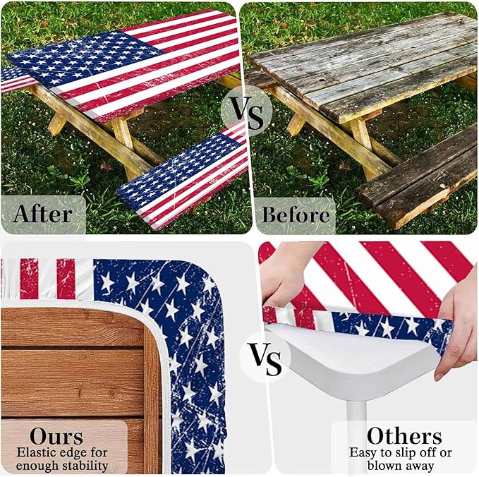 CAPSCEOLL Elastic Picnic Table Cover with Bench Covers 5Ft Waterproof Fitted Picnic Table Cover Cloths for Outdoors Camping Tablecloth with Drawstring Bag, 60X30in, American Flag