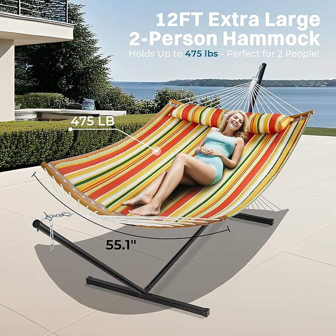 SUPERJARE Hammock with Stand, 2 Person Heavy Duty Hammock with Padded Cotton, Detachable Pillow & Strong Curved-Bar & Portable Carrying Bag, Perfect for Outdoor & Indoor, Orange with Stripes
