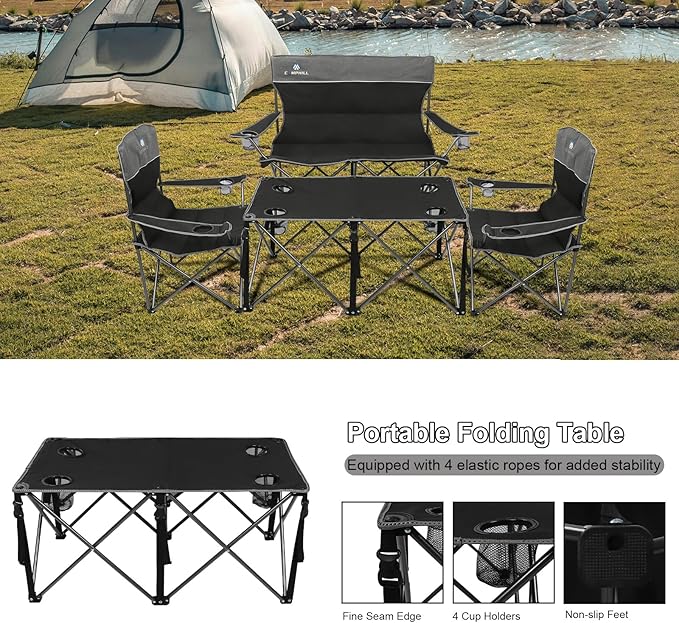 Camping Chair Set of 3, Outdoor Folding Camping Chairs for Heavy People with Cup Holder & Carry Bag,Collapsible Chair Include One Sofa Chair and Two Single Chair,Support up to 500lbs