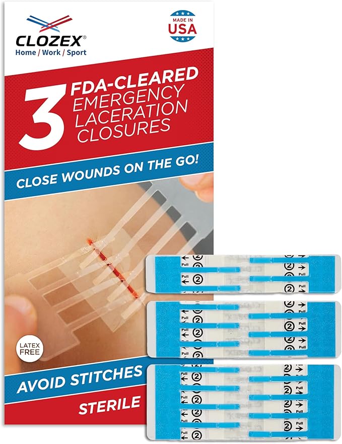 Clozex Emergency Laceration Closures - Repair Wounds Without Stitches, FSA HSA Eligible Skin Closure Device for 3 Individual Wounds Or Combine for Total Length of 3 3/8 Inches