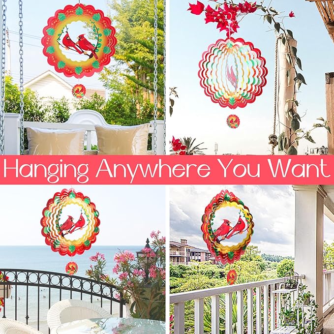 Cardinal Wind Spinners Gift for Women Men, 12 Inch Outdoor Metal 3D Wind Spinner Garden Yard Decor, Hanging Wind Catchers Stainless Steel Kinetic Sculpture for Outside Decoration