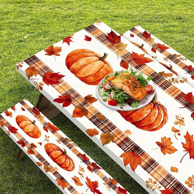 CAPSCEOLL Fitted Picnic Table Cover with Bench Covers with Elastic 6Ft Waterproof Camping Picnic Table Cover Cloths for Outdoors Camping Tablecloth with Drawstring Bag, 72X30in, Pumpkins Leaf