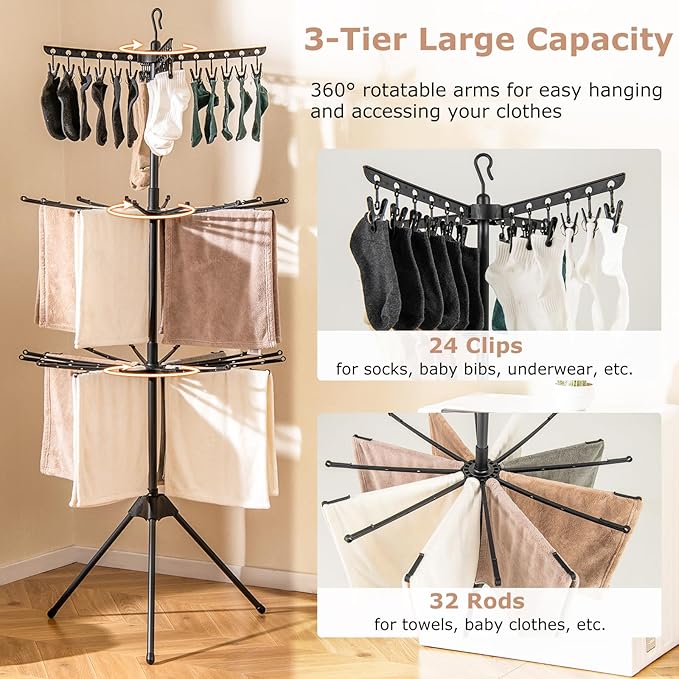Giantex Tripod Clothes Drying Rack, 3-Tier Freestanding Folding Laundry Drying Rack w/24 Clips & 32 Rods, 70" Space Saving Towel Drying Stand w/360° Rotatable Arms for Laundry Room, Balcony, Black