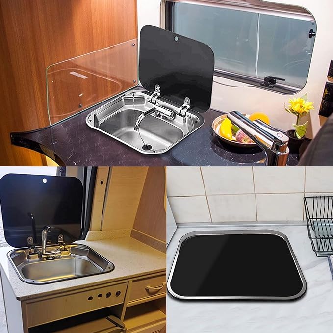15x17 In Undermount RV Bar Kitchen Sink Workstation with Folding Faucet A and lid, 304 Stainless Steel Single Bowl Hand Wash Basin Drop in Sink Caravan Camper Van Boat Home Mobile Trailer