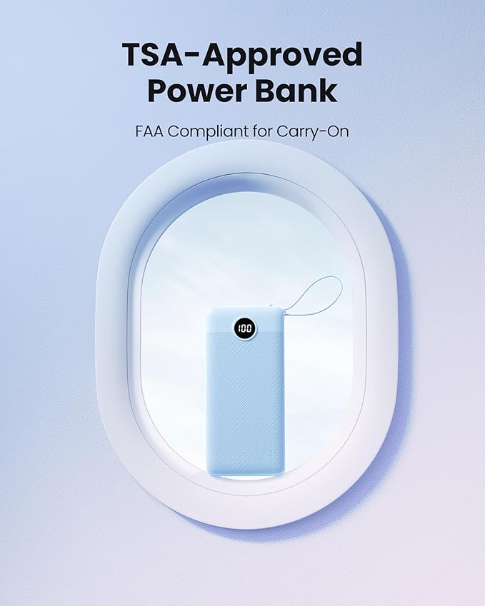 10000mAh Portable Charger, Slim Power Bank with Built-in Cables, Battery Pack 5 Outputs 2 Inputs LED Display Compatible with iPhone/Android & More (Blue)