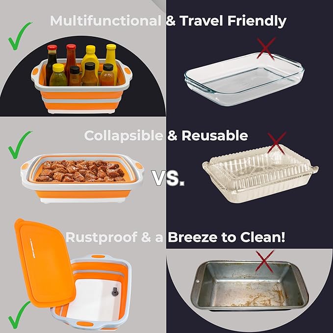 Collapsible Large (8L) BBQ Marinating Tub w/Cutting Board | Multipurpose Food-Grade TPE Prep Tub w/Lid | Built-in Colander & Drain Plug - for Camping | Tailgate | Picnic - Bold Orange