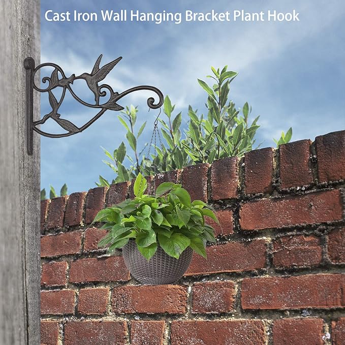 2PCS Plant Hangers Outdoor Plant Hooks for Wall/Fence, Hummingbird Hanging Plant Bracket Heavy Duty Cast Iron Plant Hanger for Lantern/Bird Feeder, Drak Brown
