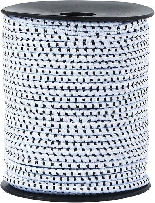 Bungee Cord - 1/8 Inch x 100 Feet - Elastic Shock Cord, Stretch Rope for Kayak, Crafts, Tie-Downs, DIY Projects - Flexible, High-Strength Bungee Rope (White with Black Trace)