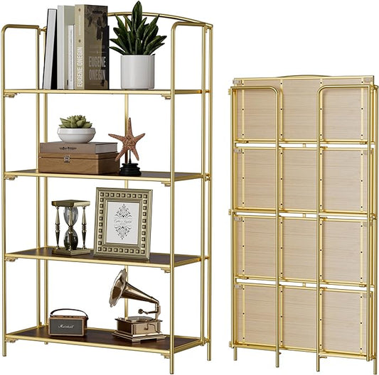 Crofy No Assembly Folding Bookshelf for Living Room, 4 Tier Gold Collapsible Book Shelf for Home Office, Portable Bookcase Storage Organizer