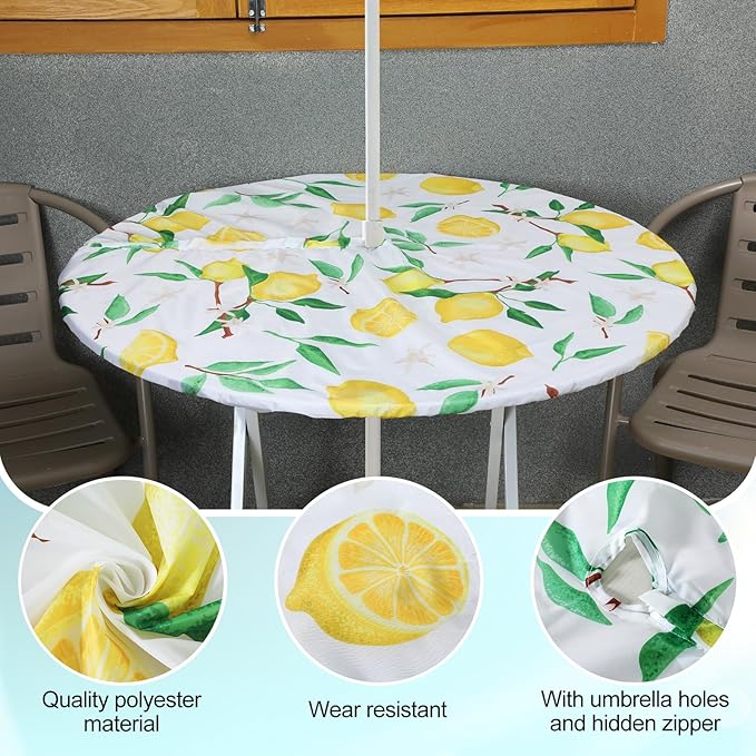 2 Pcs Round Outdoor Tablecloth with Umbrella Hole - Anti-Wrinkle Polyester Tablecloth with Elastic Zipper Table Cover for Summer Patio Camping Party(45''-53'',Lemon)