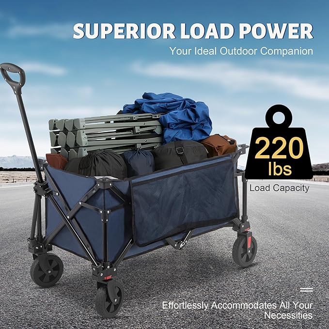 Collapsible Folding Wagon Cart, 220LBS Heavy Duty Foldable Utility Garden Cart with All Terrain Wheels & Side Storage Bag, Portable Sports Wagon for Camping, Shopping, Garden.(Blue)