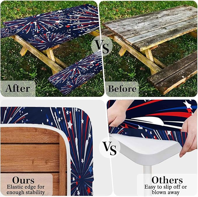 CAPSCEOLL Elastic Picnic Table Cover with Bench Covers 5Ft Waterproof Fitted Picnic Table Cover Cloths for Outdoors Camping Tablecloth with Drawstring Bag, 60X30in, Fireworks