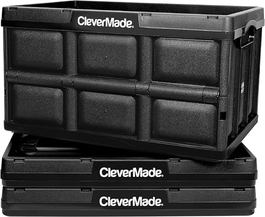 CleverMade Collapsible Storage Bins - Obsidian 3 Pack 62L - Stackable Containers Heavy Duty Capacity Folding Crates - Space-Saving for Home