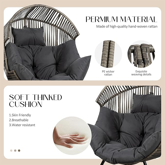 JAMFLY Egg Chair Wicker Outdoor Chairs, Oversized Patio Chair Oversized Lounger Chair with Cushion for Indoor Living Room, Bedroom, Outside Patio Backyard Balcony, Dark Gray