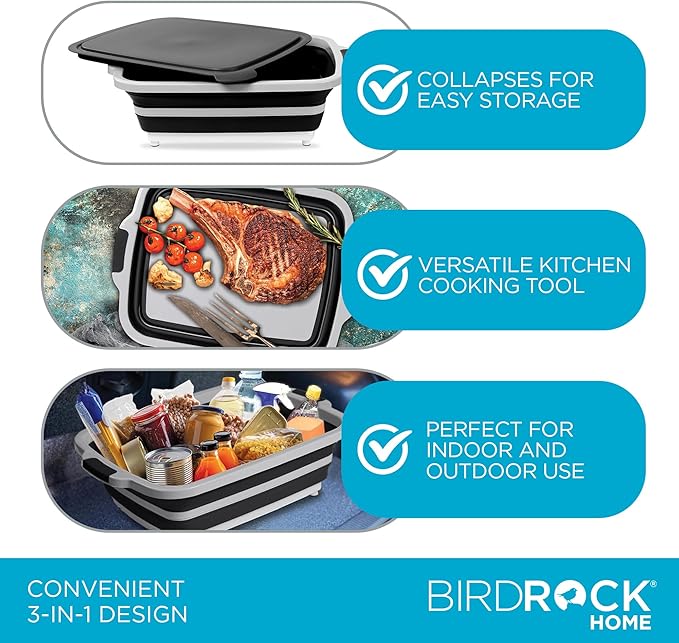 BIRDROCK HOME Collapsible XL BBQ Prep Tub w/Cutting Board, Multi-Function Grill Caddy w/Colander & Lid, Portable Silicone Dish Bowl for Picnic, Tailgate, Camping - Black