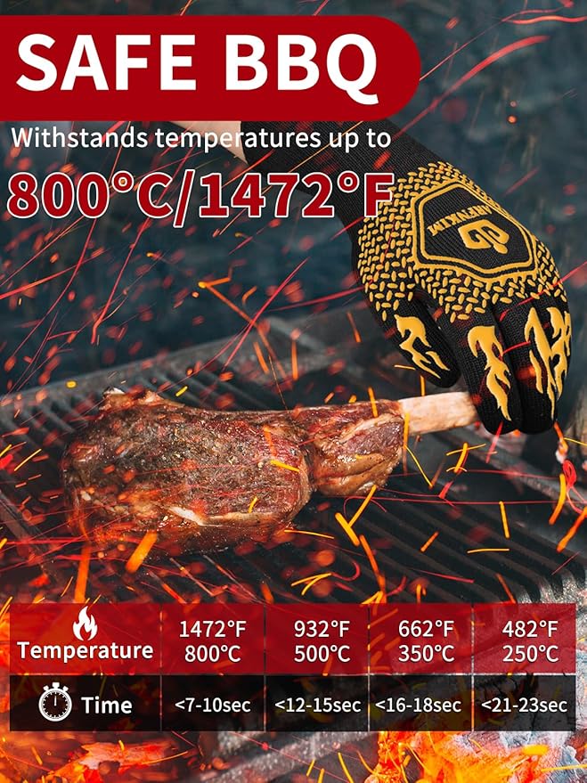 BBQ Oven Gloves, 1472℉ 3-Layers Heat Resistant Oven Mitts Silicone Non-Slip Cooking Gloves for Barbecue, Grilling, Baking, Welding, Smoker (A Pair) (Yellow)