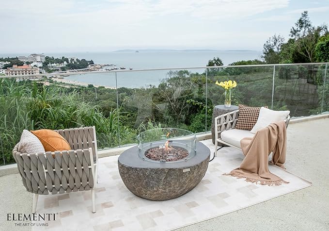 Elementi | Bundle Boulder Gas Fire Pit Cast Concrete Semi-Round Fire Table, Outdoor Fire Pit Electronic Ignition | Canvas Cover, Lava Rock Included | Natural Gas