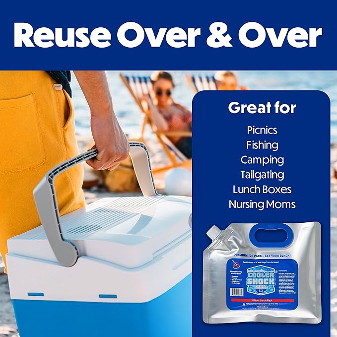 Cooler Shock Reusable Ice Packs for Cooler - Long Lasting Cold Freezer Packs for Coolers and Lunch Boxes - Cooler Ice Packs for Camping Gear, Fishing, Road Trips, Beach Must Haves