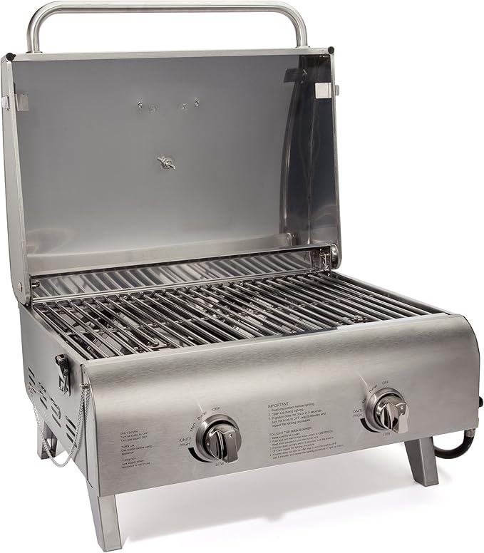 Cuisinart Chef's Style Tabletop Portable Propane Gas Grill, 20,000 BTU Stainless Steel 2-Burner Outdoor BBQ Grill for Camping, Tailgates, BBQ, Hassle-Free Setup